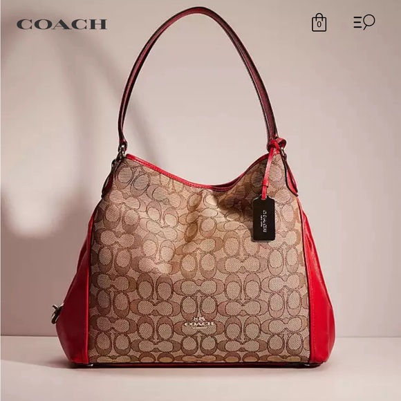 NWT Coach Edie 31 Signature Jacquard red leather shoulder bag